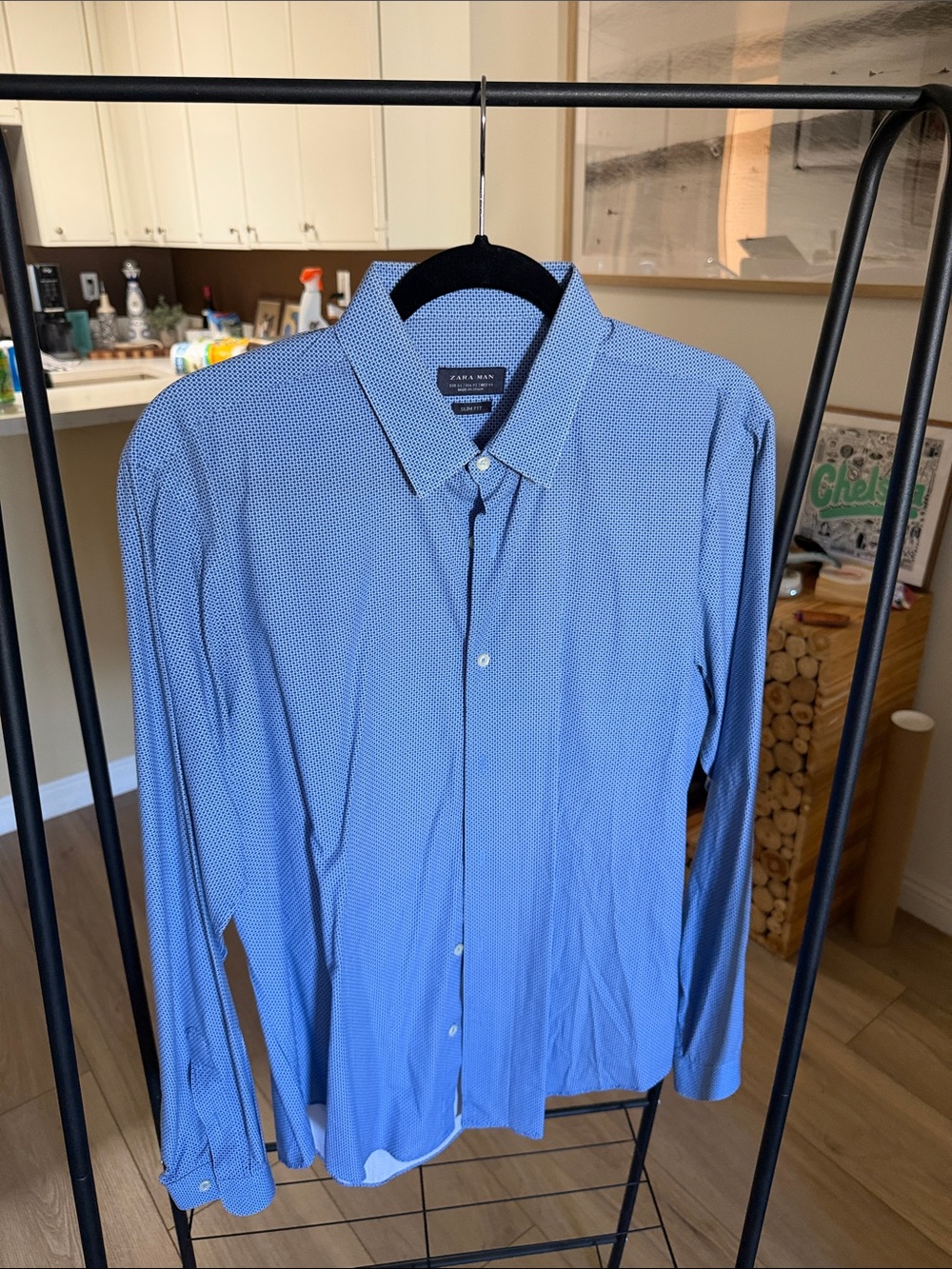 ZARA Man Blue Micro Dot 100% Cotton Slim Fit Button Down Shirt USA XL
